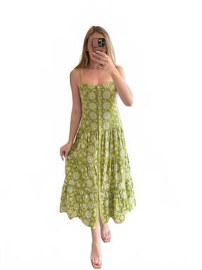 NEW B.RIGHT floral embroidered tiered midi dress in green multi